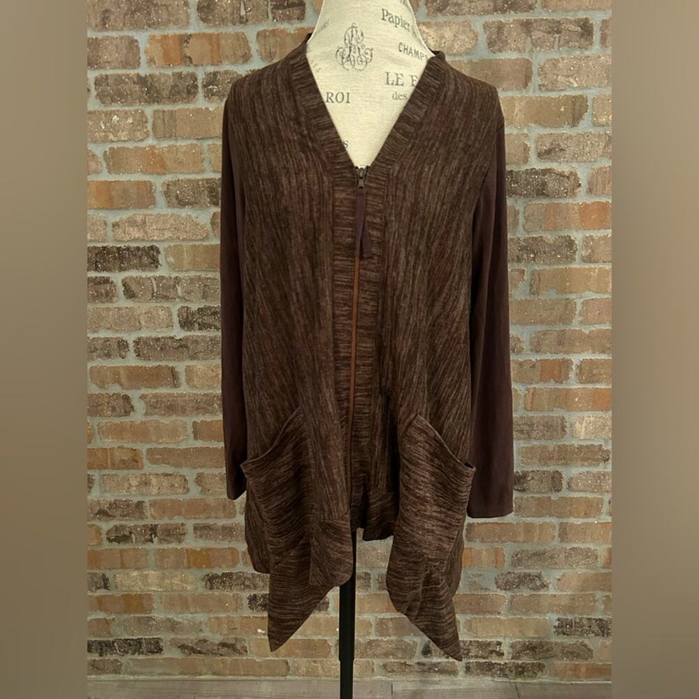 LOGO Lori Goldstein Medium Brown Knit Zip Up Cardigan Sweater Jacket size medium